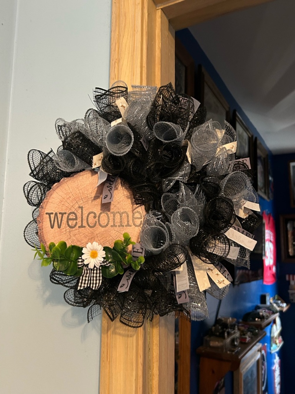 Black and Gray Welcome Mesh Wreath